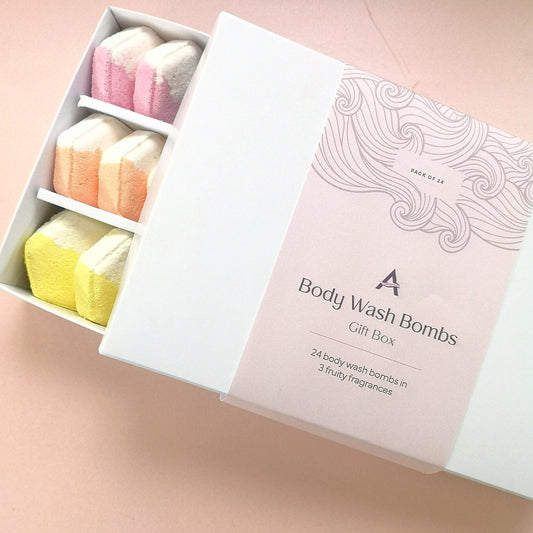24 vegan friendly body wash bombs for skin cleansing in the shower presented in a white gift box