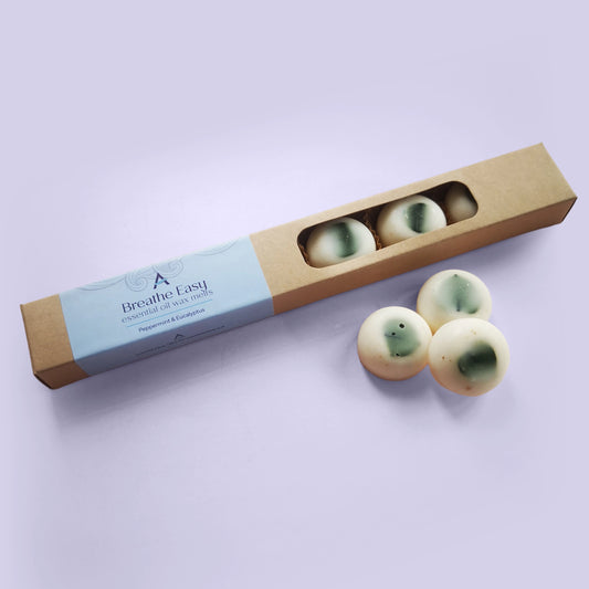 Breathe Easy wax melts with peppermint and eucalyptus essential oils and dried eucalyptus leaves