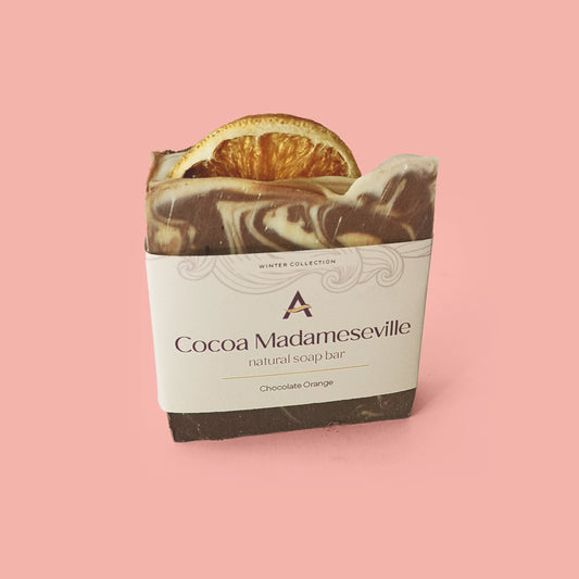 Cocoa Madamseville chocolate orange Natural Soap Bar topped with dried orange slice