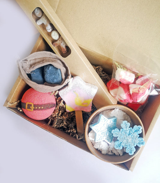 Gift Box With Novelty Christmas products Including Soap Bath Bombs and Bubble Bars