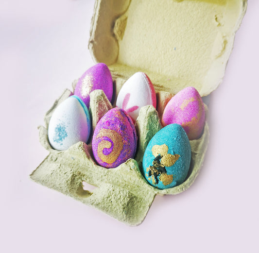 set of 6 egg shaped Easter bath bombs in a cardboard egg carton
