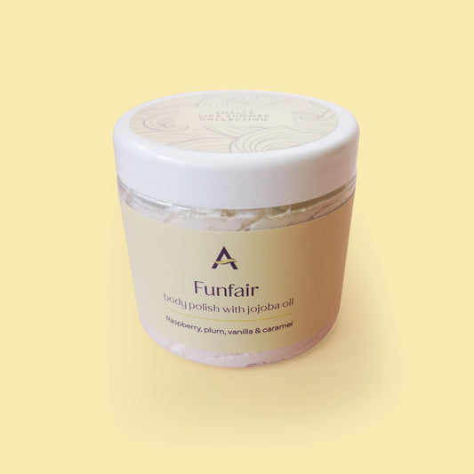 Funfair body scrub with raspberry, plum, vanilla and caramel, inspired by summer nostalgia