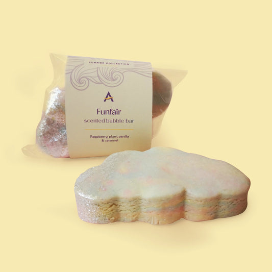 Cloud shaped Funfair bubble bath bar fragranced with raspberry, plum, vanilla and caramel