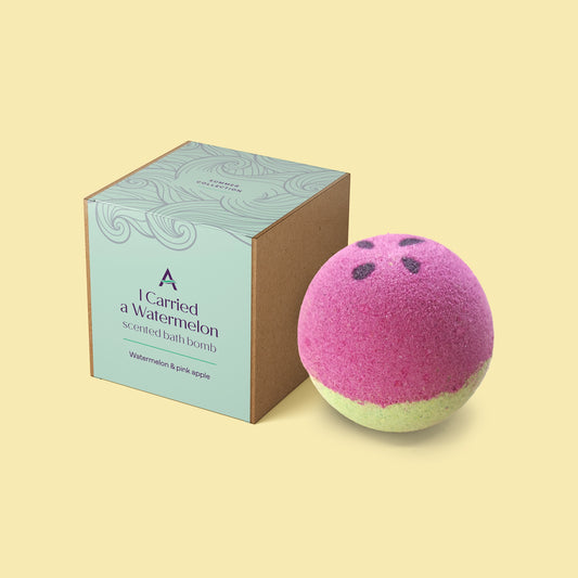 I Carried A Watermelon bath bomb with bright summer colours and pop culture reference.
