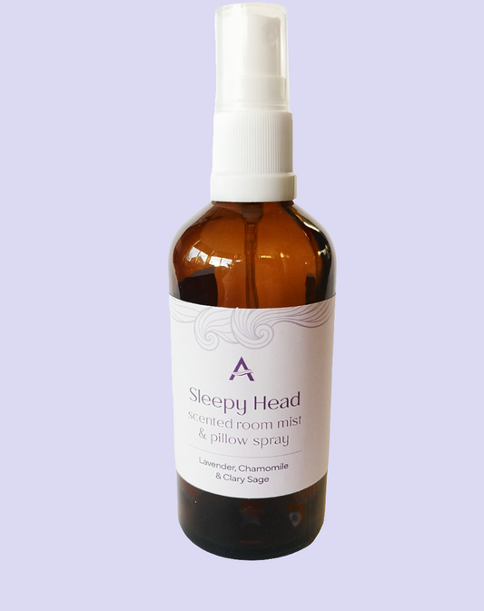 Sleepy Head aromatherapy room mist & pillow spray with natural, alcohol-free base and calming lavender, chamomile and clary sage essential oils for restful sleep.