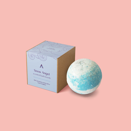 White and blue winter Snow Angel bath bomb with mint and orchid scent