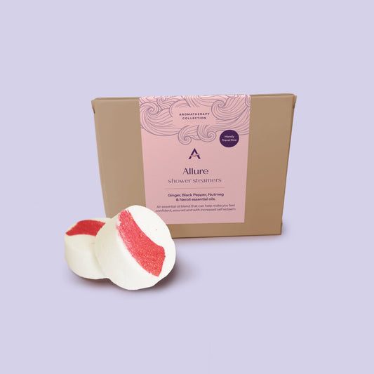 Allure shower steamers with black pepper, ginger, nutmeg and neroli essential oils travel pack.
