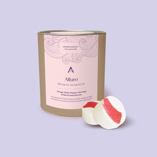 Sensual aromatherapy shower steamers for confidence and energy in eco friendly canister.