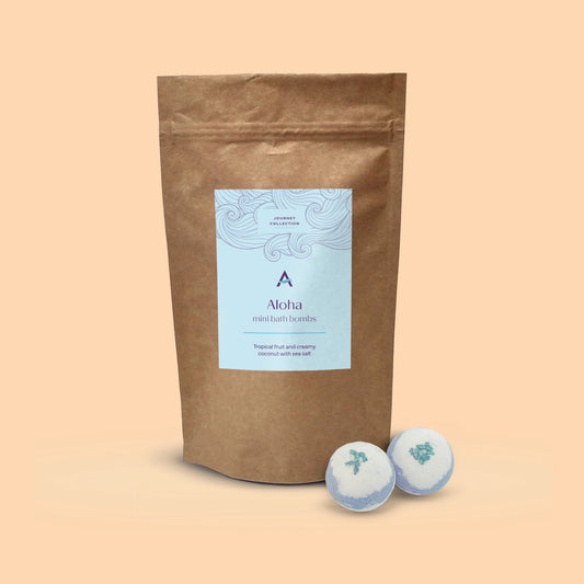 Pouch of 8 mini Aloha bath bombs in melon, grape, tropical fruit and coconut scent.