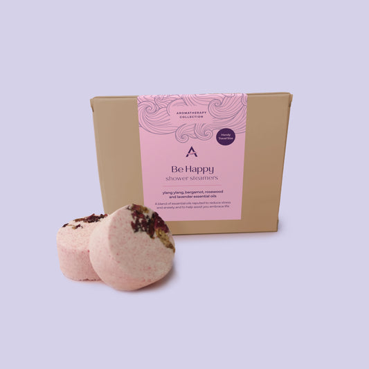 Travel size Be Happy shower steamers with ylang ylang, bergamot and lavender for mood-lifting aromatherapy