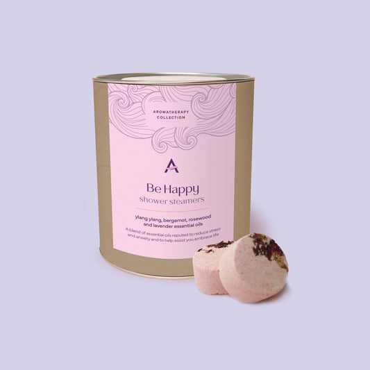 Mood lifting aromatherapy ylang ylang and lavender showers steamers in eco-friendly canister.