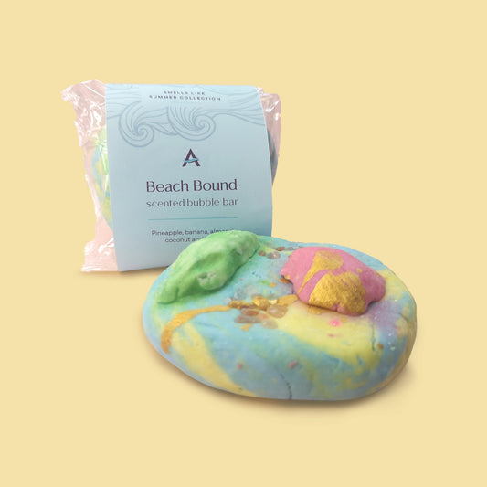 Handmade tropical beach themed bubble bar with shell and beach detail.