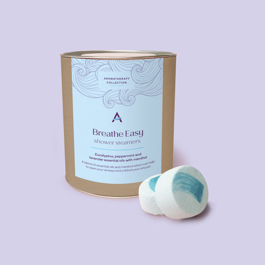 Natural essential oil shower steamers for congestion and calm in eco friendly canister.