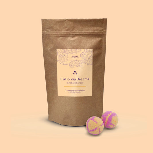 Pouch of mini California Dreams bath bombs with sunset colours