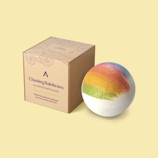 Chasing Rainbows bath bomb with fresh aquatic fragrance and hidden colours