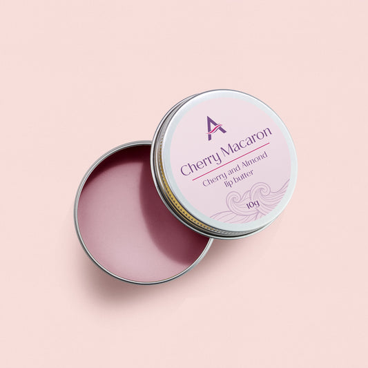 Cherry Macaron vegan lip balm with cherry and almond flavour in a 10g aluminium tin.