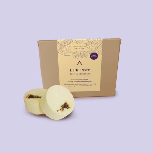 Natural, vegan Early Riser travel pack shower steamers by Ascent Bath & Body, uplifting citrus scent.