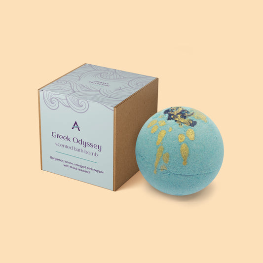 Greek Odyssey bath bomb with bergamot, lemon, pink pepper and dried seaweed inspired by the Mediterranean coast.
