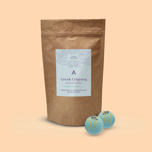 Greek Odyssey mini bath bomb pouch - bergamot, lemon and pink pepper with dried seaweed.