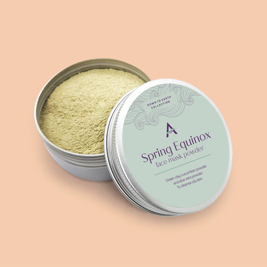 Spring Equinox face mask powder for oily skin with green clay, cucumber and aloe. Fragrance and preservative free, packaged in eco-friendly aluminium tin.