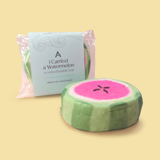 I Carried A Watermelon bubble bar shaped like a fruit wedge and inspired by Dirty Dancing.