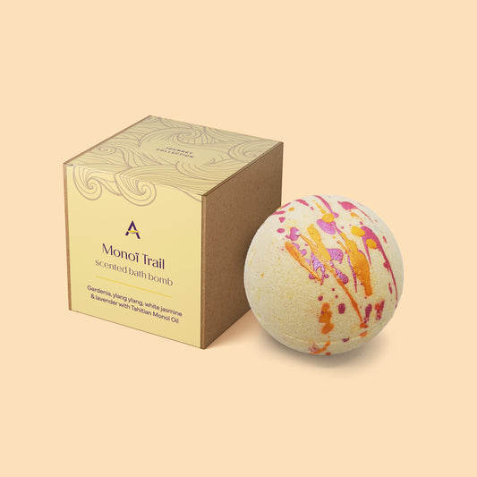 Monoi Trail tropical floral bath bomb with Monoi oil and jasmine petals.