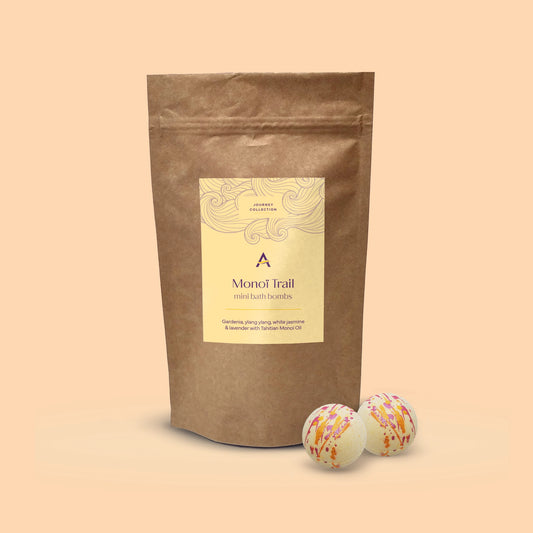 Mini Tahitian inspired Monoi Trail bath bombs in pouch