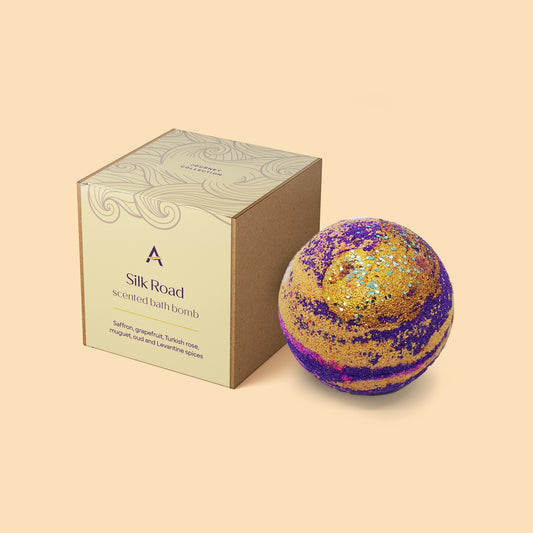 Luxury Silk Road bath bomb with oud, rose and spice inspired by ancient trading routes.