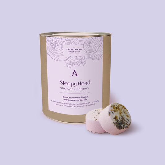 Relax & Sleep Lavender & Chamomile shower steamers in eco-friendly canister.