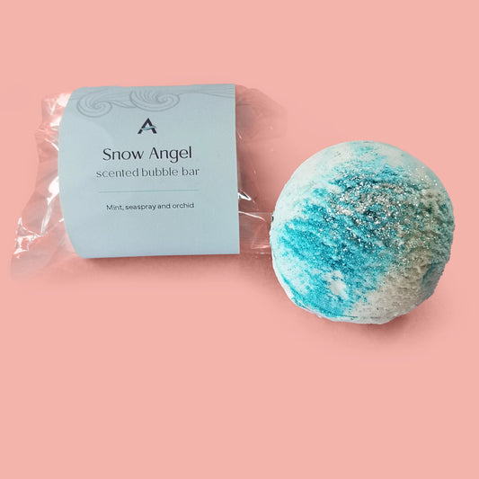 White and pale blue winter Snow Angel bubble bar with mint and orchid scent