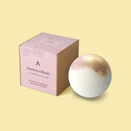Summer Blush peony fragranced bath bomb with soft feminine detail