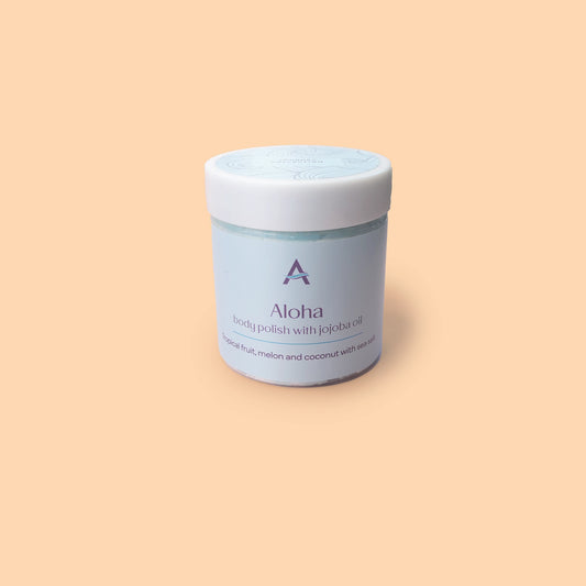 Travel size Aloha tropical fruit body scrub with jojoba oil