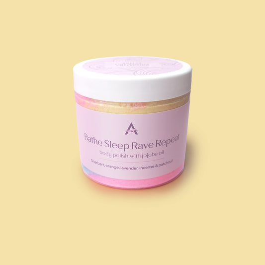 Bathe Sleep Rave Repeat neon whipped soap sugar scrub with gold shimmer.