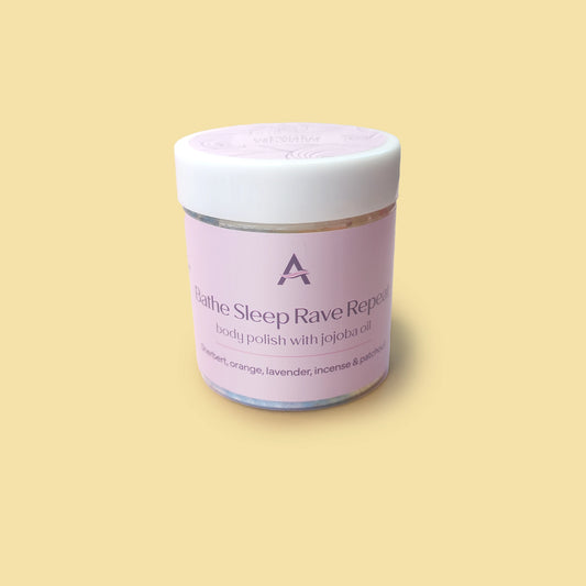 Travel size festival themed body scrub with orange, patchouli and sherbet scent.