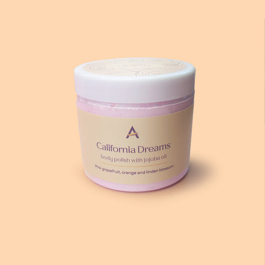 California Dreams body polish with orange and pink swirls with coastal inspired scent.