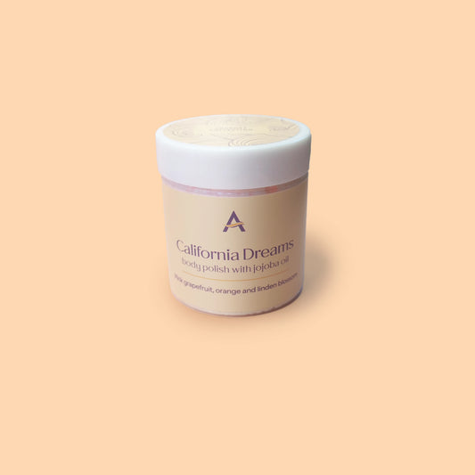 Travel size California Dreams body polish with whipped soap base, sugar and jojoba oil