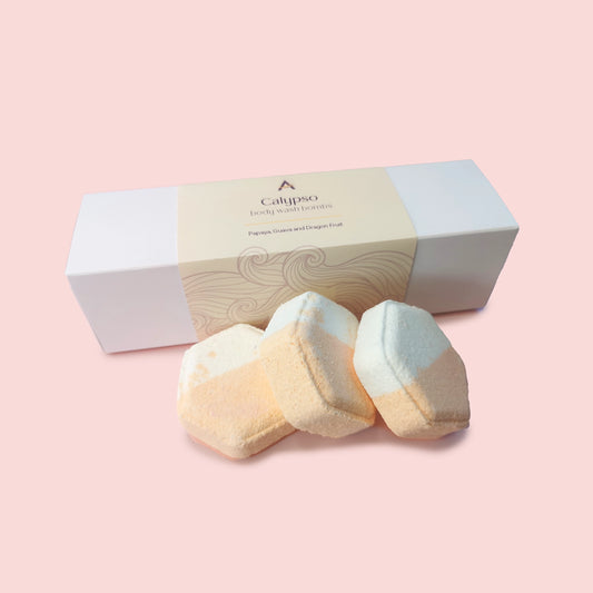 Calypso tropical fruit body wash bombs with box
