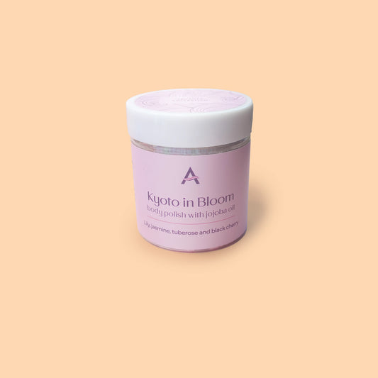 Travel size Kyoto in Bloom whipped soap scrub with sugar and jojoba oil.