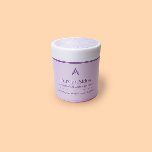 Travel size Persian Skies whipped soap scrub with biodegradable gold glitter.