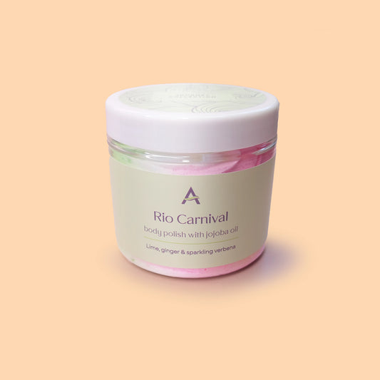 Rio Carnival body polish in citrus and ginger fragrance.