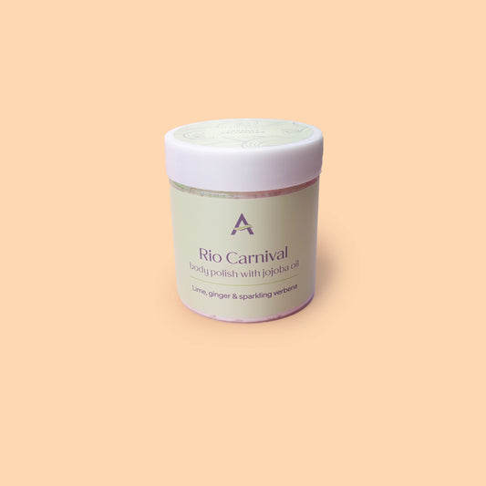 Travel size Rio Carnival body scrub with whipped soap, sugar and jojoba oil.