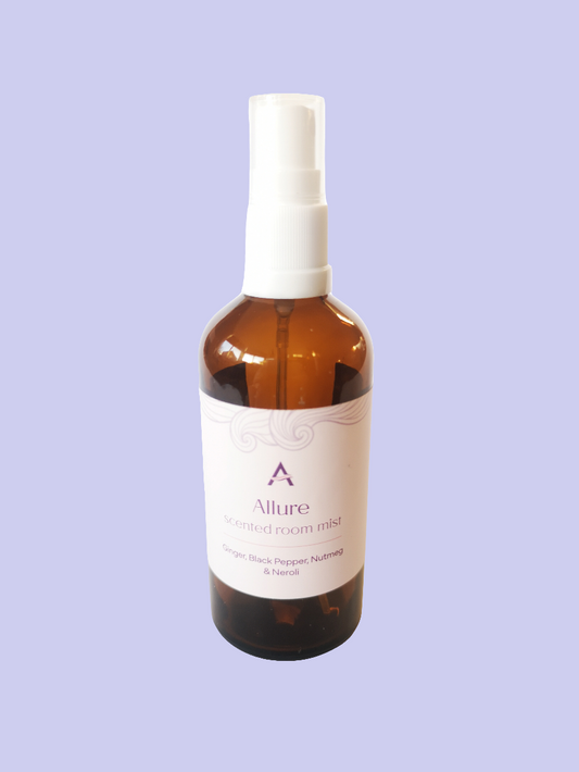 amber glass bottle with spray attachment and label