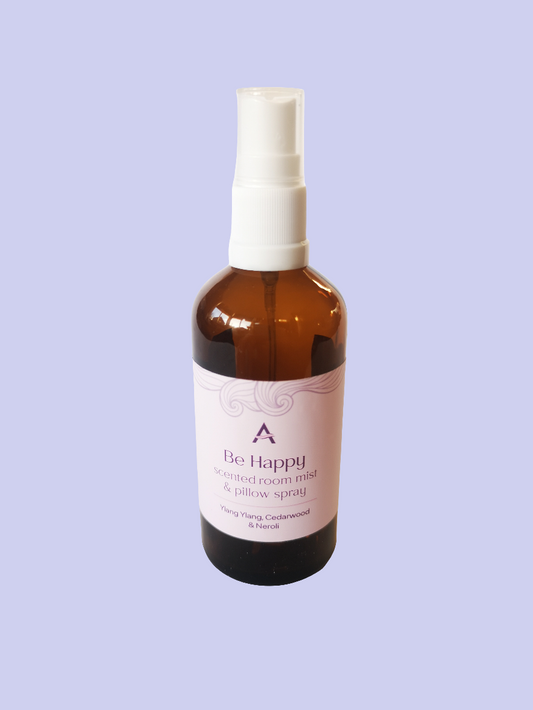 Amber glass bottle with spray and attachment and label