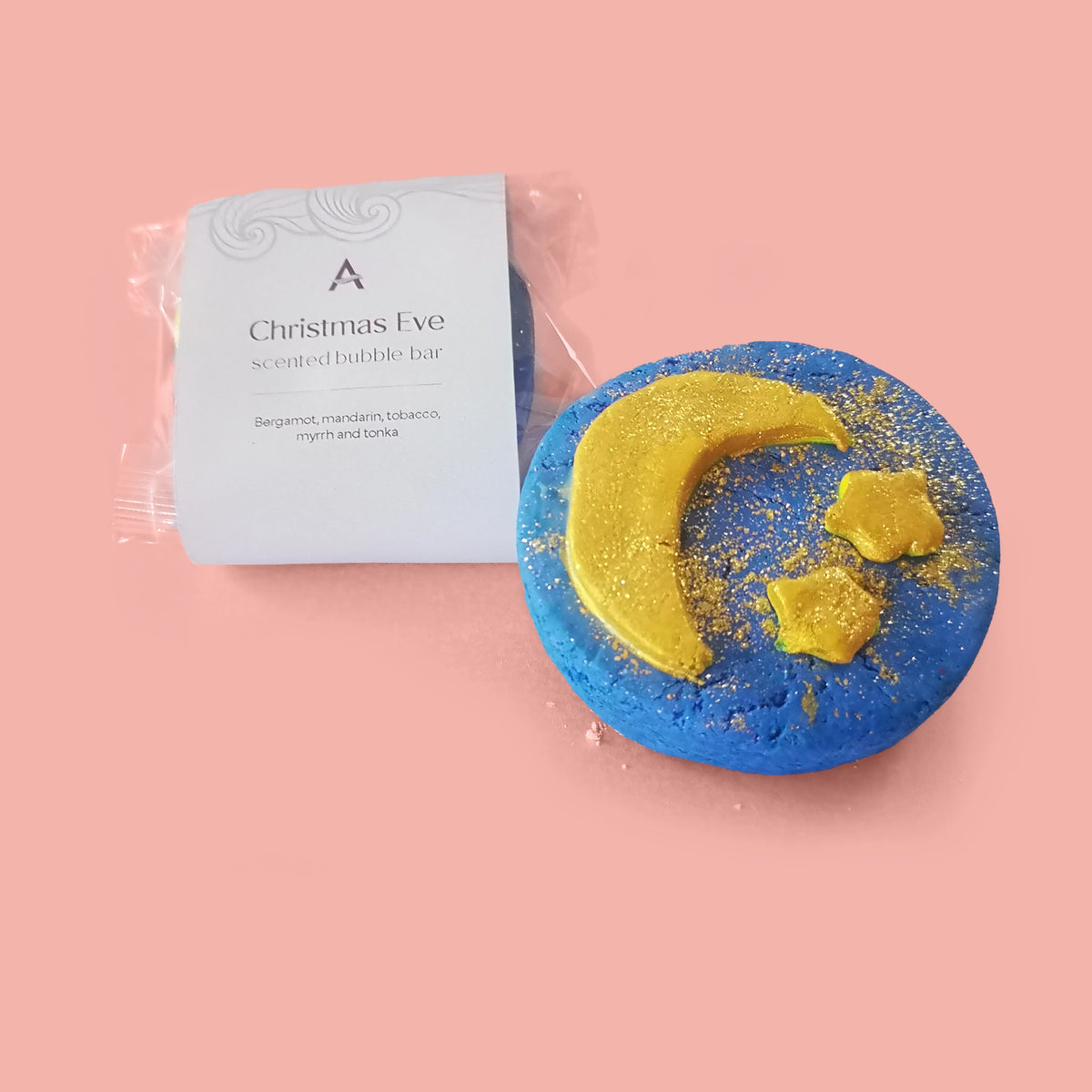 Christmas Eve Bubble Bar midnight blue with gold moon and stars with eco gold glitter