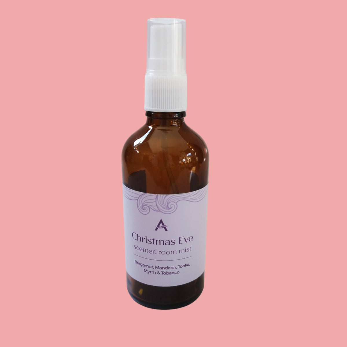 Bergamot, mandarin, tobacco, myrrh and tonka room mist in amber glass bottle.