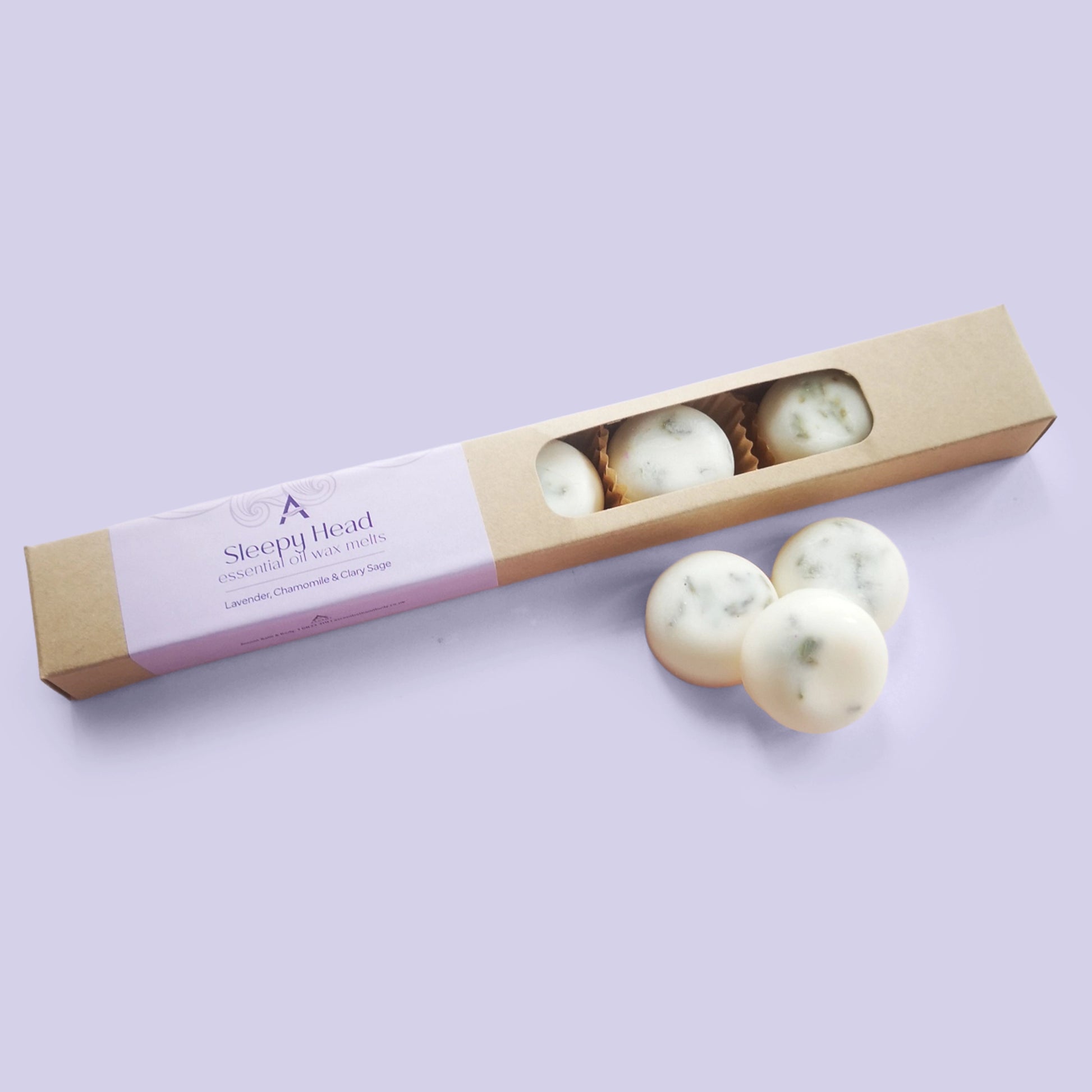 Sleepy Head wax melts with lavender, chamomile and clary sage essential oils and dried lavender buds.