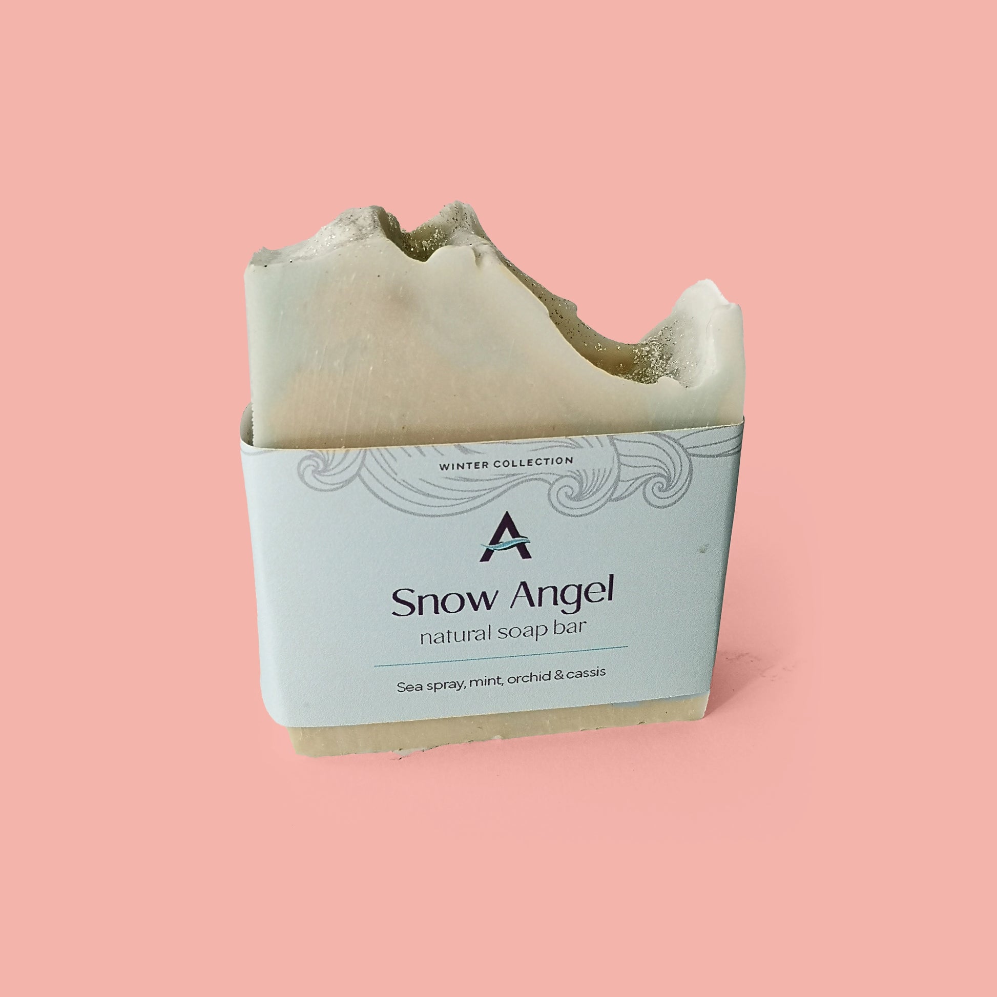 white and pale blue soap bar with label