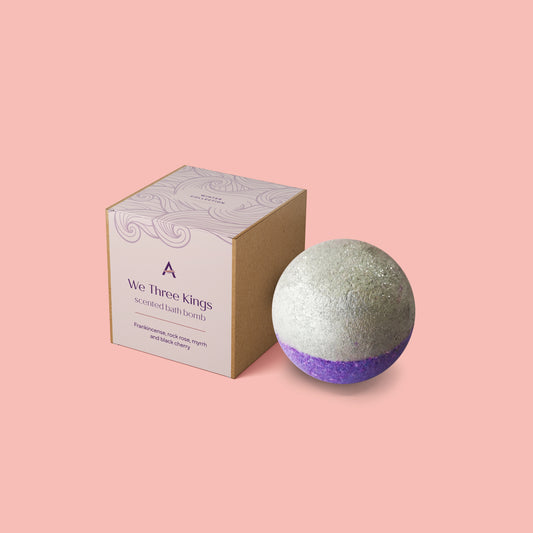 purple and silver bath bomb with box