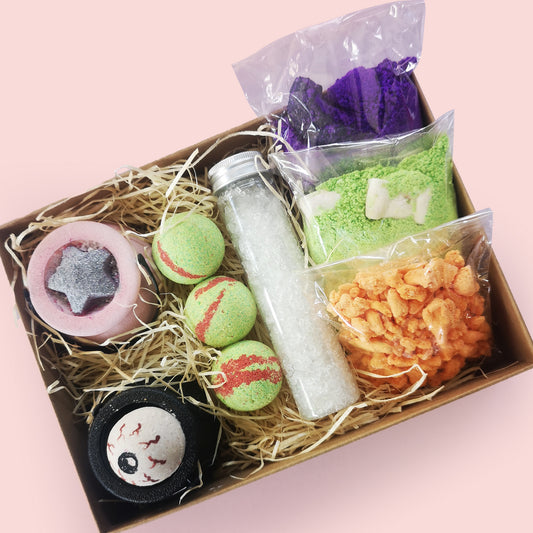 Box filled with Halloween bath bombs and bubble bars