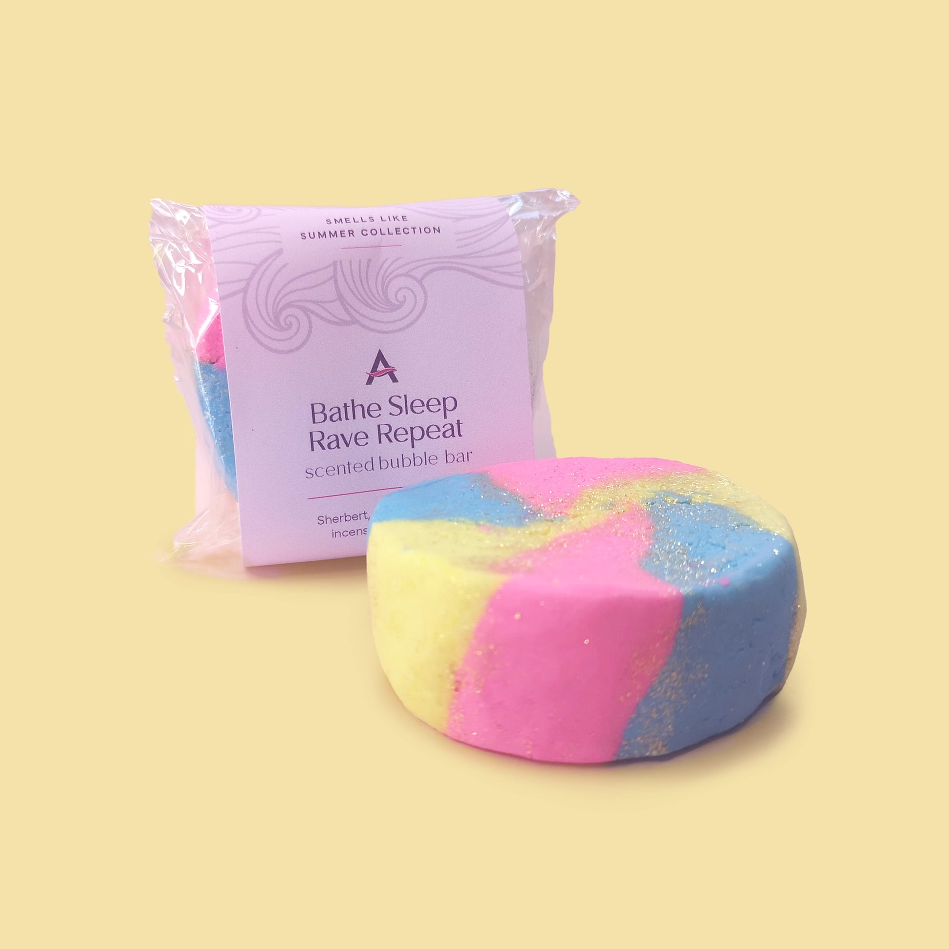 Bathe Sleep Rave Repeat multi-coloured bubble bar and packaging